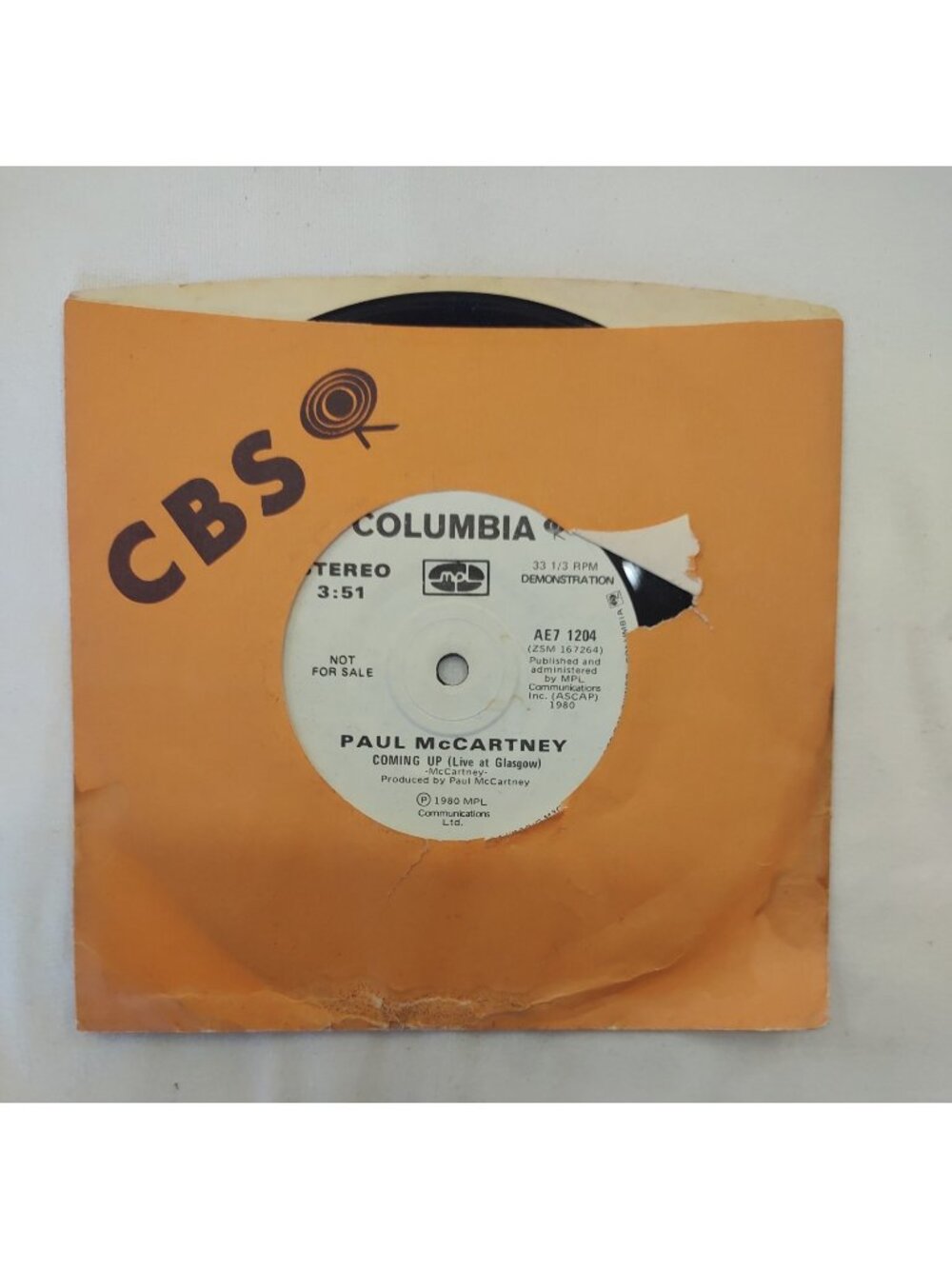 Paul McCartney Coming Up Columbia Demo Promo 45 AE7 1204 Canada 1980